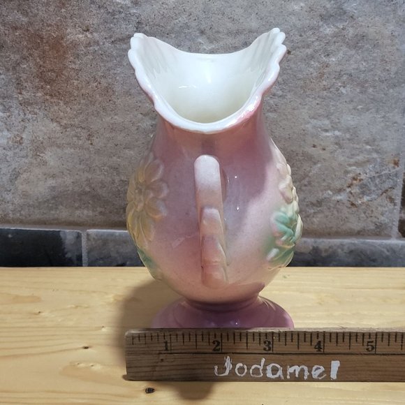 VTG USA Pottery Pink Green Yellow Flower Vase Pleated Fan Top Double Handles - Picture 9 of 14